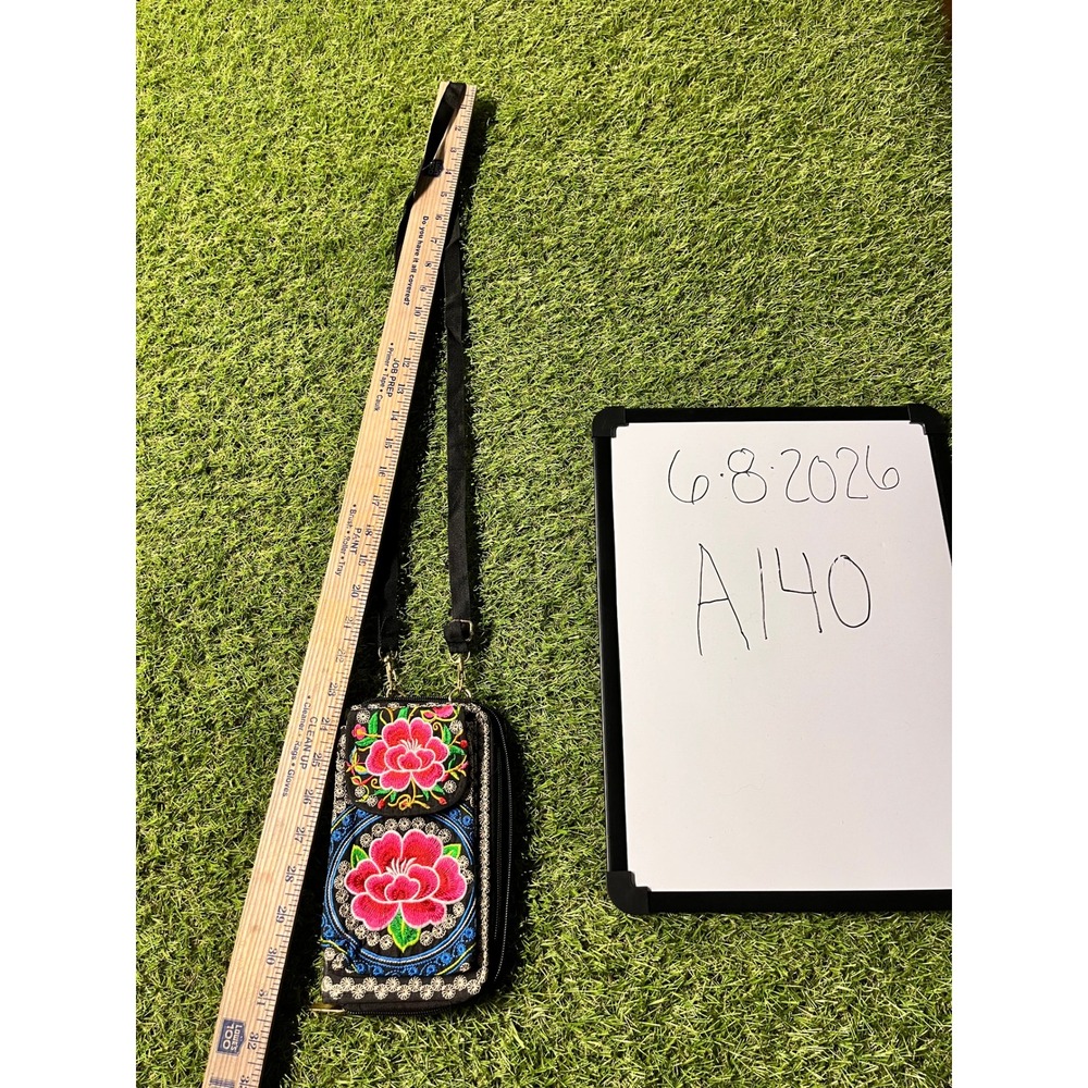 Boho Floral Embroidered Crossbody Wallet Bag Black Canvas